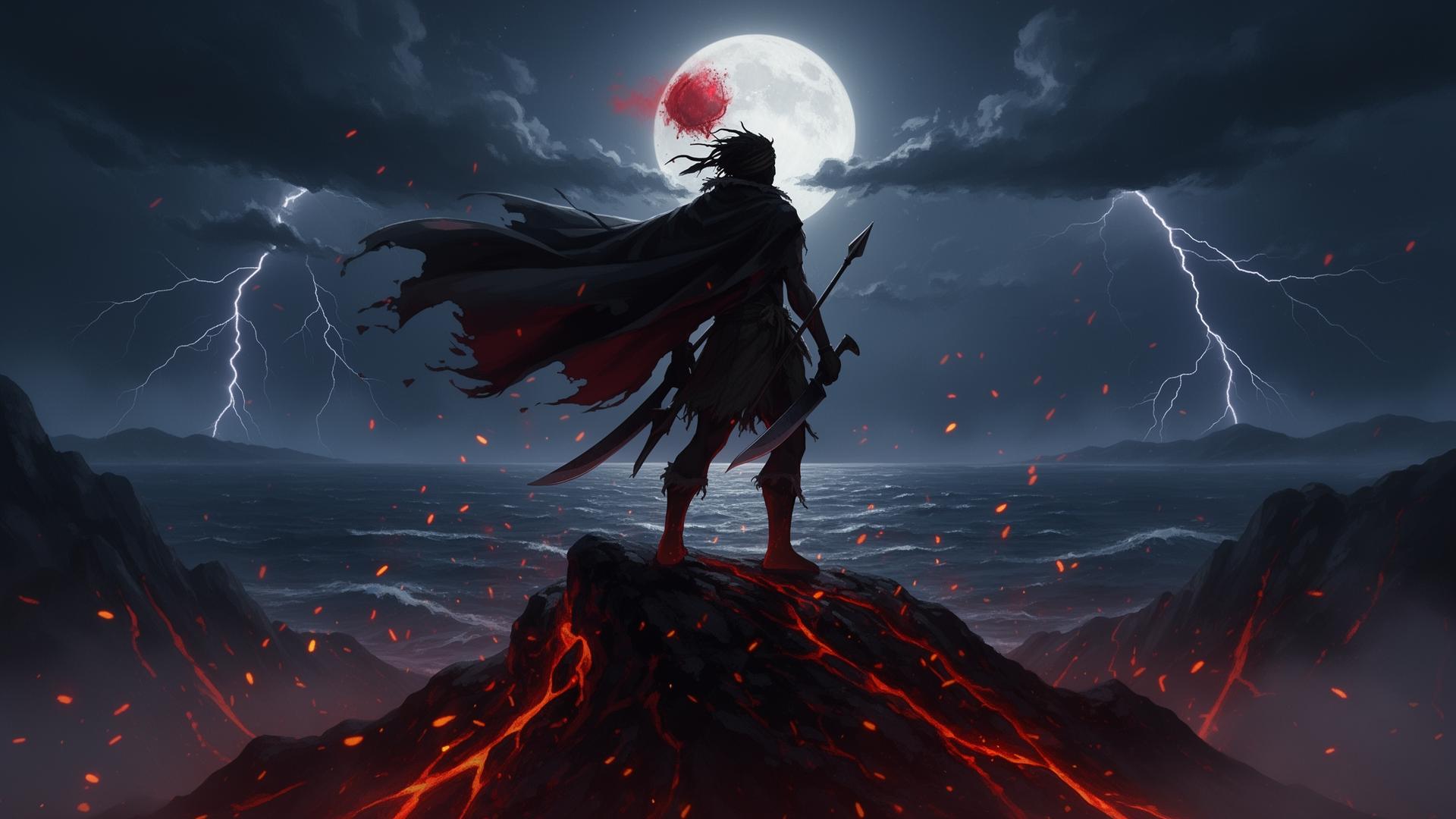 Lone warrior on volcanic cliffs under a blood moon